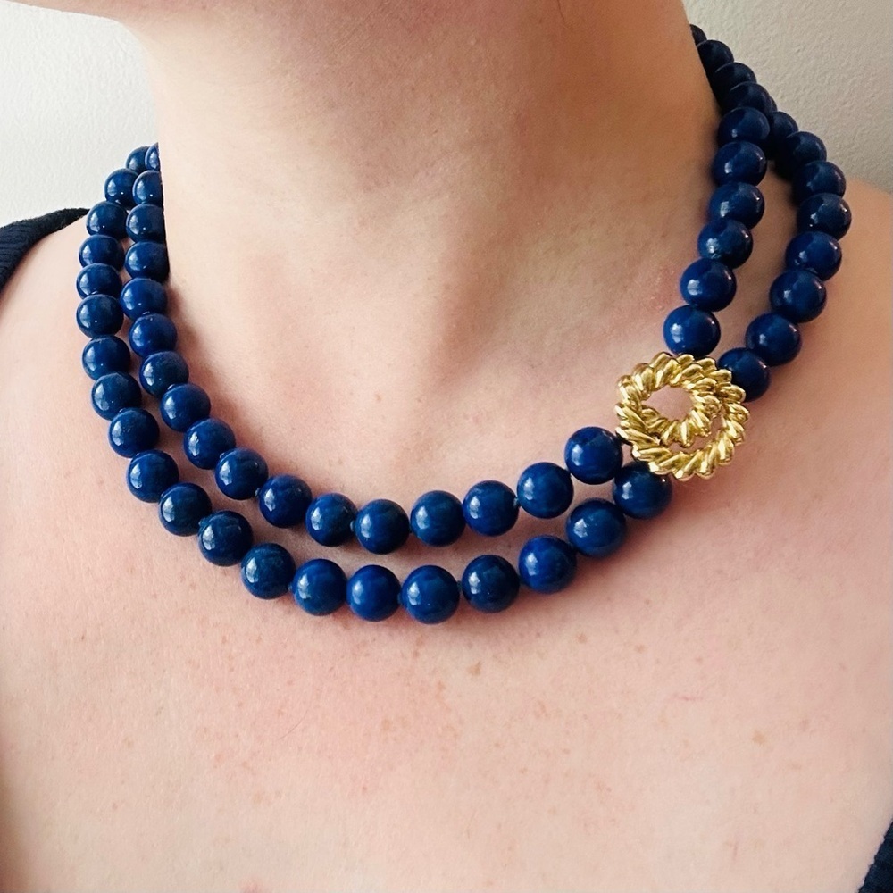 RARE Vintage Tiffany & Co. 18K Yellow Lapis Lazuli Gemstone Necklace Box & Case